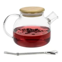 Tekanna av glas och bambu 1 L + sugrör i rostfritt stål med filter