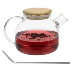 Tekanna av glas och bambu 1 L + 4 sugrör i rostfritt stål