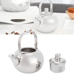 Tekanna i rostfritt stål i 304, platt botten, induktionskokare, vattenkokare, tekanna med filter, silver, 16 cm, 1,2 l