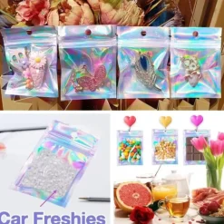 Återförslutningsbara aluminiumfoliepåsar (50 st), perfekta för festförvaring, holografiska färger, 7,5*12 cm