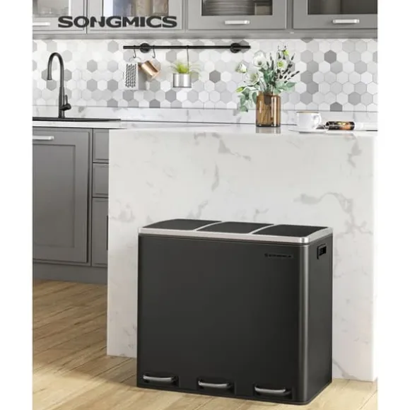 Återvinningskärl Songmics, 3 x 18 L trippelkökskärl, pedalhink med 3 fack och mjukstängande lock, innerhinkar i plast och handtag, svart