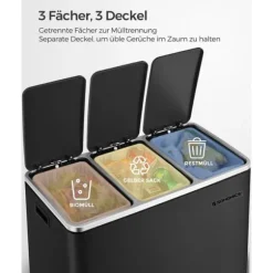 Återvinningskärl Songmics, 3 x 18 L trippelkökskärl, pedalhink med 3 fack och mjukstängande lock, innerhinkar i plast och handtag, svart