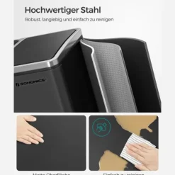 Återvinningskärl Songmics, 3 x 18 L trippelkökskärl, pedalhink med 3 fack och mjukstängande lock, innerhinkar i plast och handtag, svart