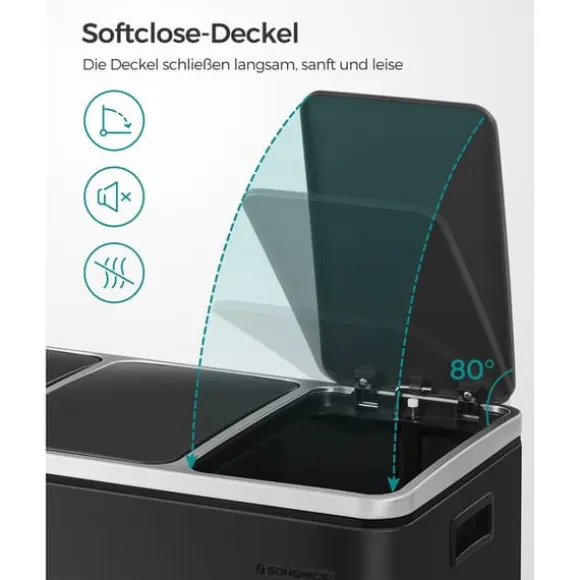 Återvinningskärl Songmics, 3 x 18 L trippelkökskärl, pedalhink med 3 fack och mjukstängande lock, innerhinkar i plast och handtag, svart