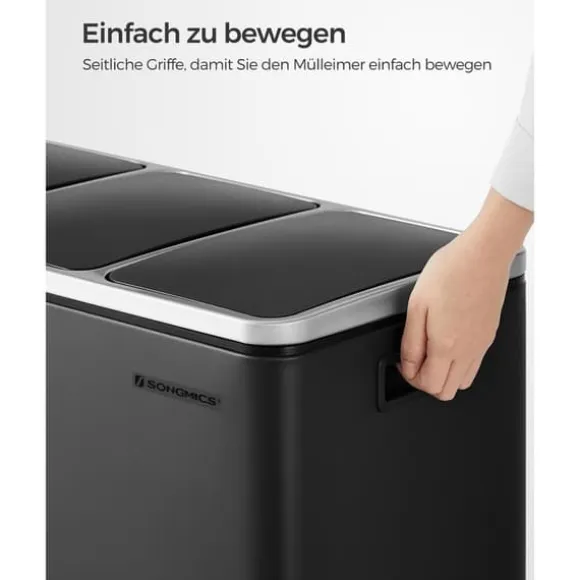 Återvinningskärl Songmics, 3 x 18 L trippelkökskärl, pedalhink med 3 fack och mjukstängande lock, innerhinkar i plast och handtag, svart