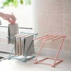 Torkställning för disktrasor på bänkskiva, 4 armar, hopfällbar, vertikal handduksställning, disktrashållare för kök, ljusblå