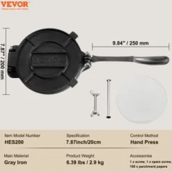 Tortillapress, 20x25x12 cm, Silver, Gjutjärn