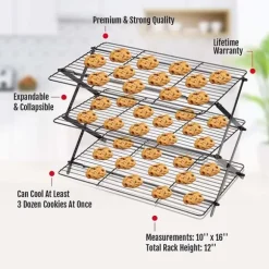 Tre-lagers kylställ för kakor - Hopfällbart rostfritt stål bakgaller för tårtor, bröd och kakor