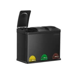 Trippel köksavfallskorg, återvinningskärl, pedal, metallavfallskorg, 45 L, avfallssorteringssystem köksavfallskorg, 3 x 15 L, med lock, stål, svart