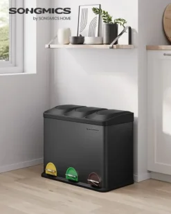 Trippel köksavfallskorg, återvinningskärl, pedal, metallavfallskorg, 45 L, avfallssorteringssystem köksavfallskorg, 3 x 15 L, med lock, stål, svart