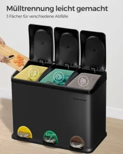 Trippel köksavfallskorg, återvinningskärl, pedal, metallavfallskorg, 45 L, avfallssorteringssystem köksavfallskorg, 3 x 15 L, med lock, stål, svart