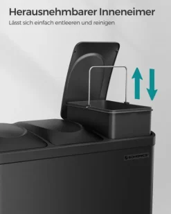 Trippel köksavfallskorg, återvinningskärl, pedal, metallavfallskorg, 45 L, avfallssorteringssystem köksavfallskorg, 3 x 15 L, med lock, stål, svart