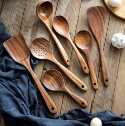Träslevar set för matlagning, 7-delad teakträredskap, Träslevset för kök i naturligt trä