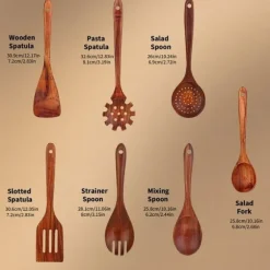 Träslevar set för matlagning, 7-delad teakträredskap, Träslevset för kök i naturligt trä