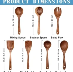 Träslevar set för matlagning, 7-delad teakträredskap, Träslevset för kök i naturligt trä