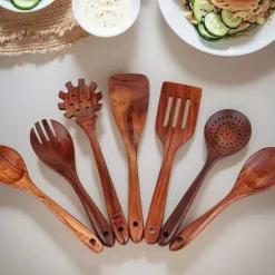 Träslevar set för matlagning, 7-delad teakträredskap, Träslevset för kök i naturligt trä