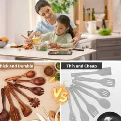 Träslevar set för matlagning, 7-delad teakträredskap, Träslevset för kök i naturligt trä