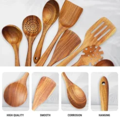 Träslevset för matlagning, 7-delad teakträredskap, Träslevset för kök, Träslevset för kök