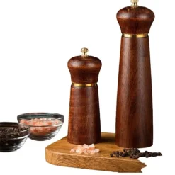 5-tums Retro Oak Pepparkvarn Set om Två med Ekbas – Manuell Kvarn för Peppar, Salt, Kryddor