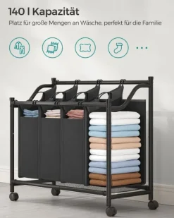 Tvättkorg – 4 fack – med hjul – svart