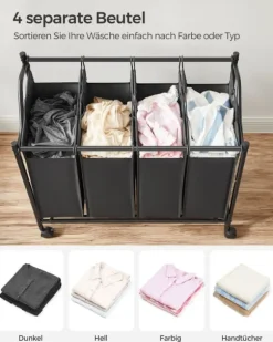 Tvättkorg – 4 fack – med hjul – svart