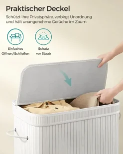 Tvättkorg 100 liter av bambu med lock och handtag vit