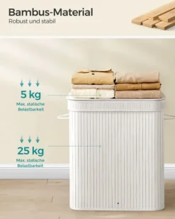 Tvättkorg 100 liter av bambu med lock och handtag vit