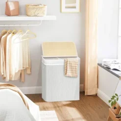 Tvättkorg i bambu 100L med 2 fack, avtagbar påse, lock - Vit