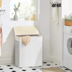 Tvättkorg i bambu 100L med 2 fack, avtagbar påse, lock - Vit