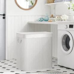 Tvättkorg i bambu 150L med 3 fack, avtagbar påse, lock - Vit