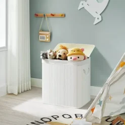 Tvättkorg i bambu 150L med 3 fack, avtagbar påse, lock - Vit