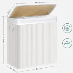 Tvättkorg i bambu 150L med 3 fack, avtagbar påse, lock - Vit