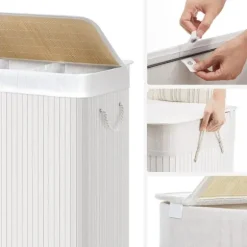 Tvättkorg i bambu 150L med 3 fack, avtagbar påse, lock - Vit
