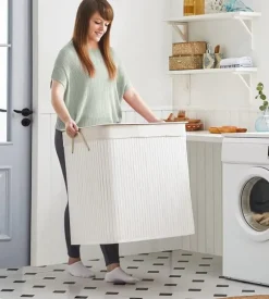 Tvättkorg i bambu 150L med 3 fack, avtagbar påse, lock - Vit