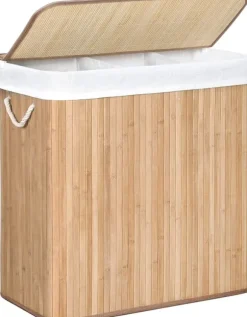 Tvättkorg i bambu 150L med 3 fack, avtagbar påse, lock - Naturlig