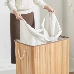 Tvättkorg i bambu 150L med 3 fack, avtagbar påse, lock - Naturlig