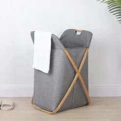 TVÄTTKORG I BAMBUS, stor, hopfällbar, stående, för förvaring