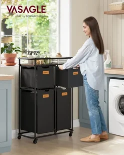 Tvättkorg, Tvättsorterare med hjul och 4 löstagbara fickor