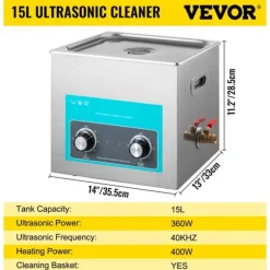 Ultraljudsrenare, Justerbar Uppvärmning, Tank av 304 Rostfritt Stål,15 liter