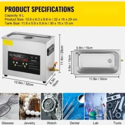 Ultraljudsrenare 6L, 400W med värme och timer för smycken, effektiv rengöring