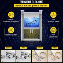 Ultraljudsrengörare, 304 rostfritt stål, 40 kHz frekvens, 0,8L kapacitet, 35W effekt, 175 x 110 x 125 mm