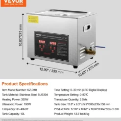 Ultraljudsrengörare, Bärbar Design, Uppvärmd Rengöringsfunktion,10L