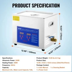 Ultraljudsrengörare, Digitalt Kontrollpanel, Rostfritt Stål Tank,10L