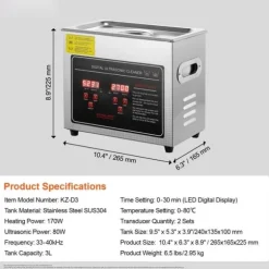 Ultraljudsrengörare med digital timer & värmare, professionell för smycken, glasögon, klockor och små delar (3L)