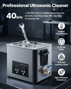 Ultraljudstvätt 10 L - Ultraljudsrengörare - 40 kHz - 180 W - Digital Display - Rengöringskorg - Rostfritt Stål