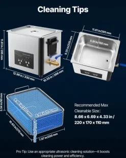 Ultraljudstvätt 10 L - Ultraljudsrengörare - 40 kHz - 180 W - Digital Display - Rengöringskorg - Rostfritt Stål