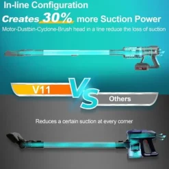 UMLo V11 blå & grå sladdlös skaftdammsugare – 2-i-1 handdammsugare & golvdammsugare med HEPA-filter, 300W motor, LED-display