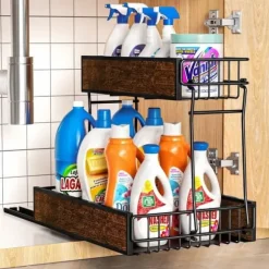 Under diskbänkshylla, DÄCK Under diskbänksförvaring - Metall och trä - 2 våningar - Med skjutlåda - för kök, badrum