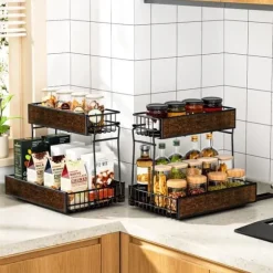 Under diskbänkshylla, DÄCK Under diskbänksförvaring - Metall och trä - 2 våningar - Med skjutlåda - för kök, badrum