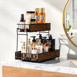 Under diskbänkshylla, DÄCK Under diskbänksförvaring - Metall och trä - 2 våningar - Med skjutlåda - för kök, badrum